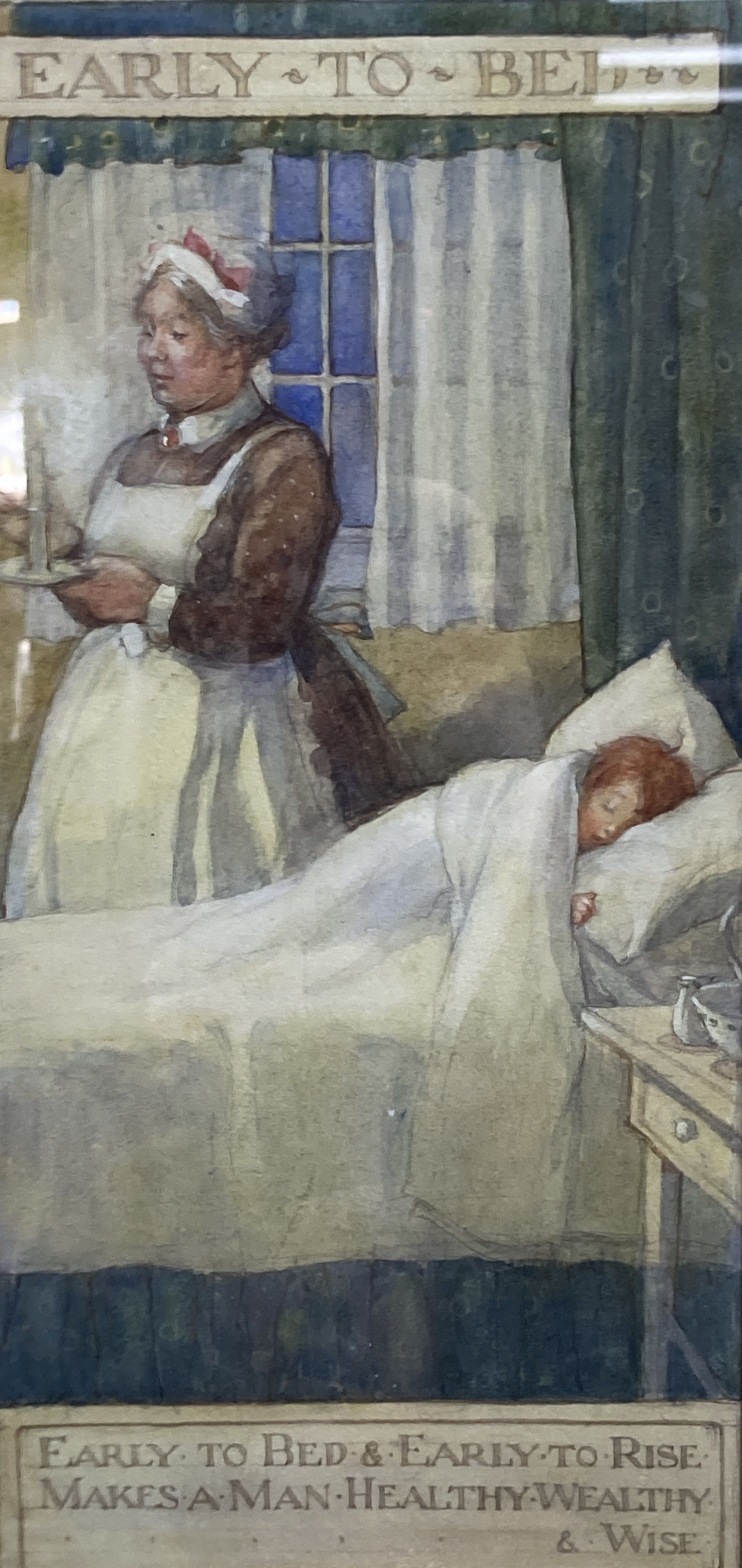 Early 19th century English School, watercolour for a book illustration, Early to Bed ..., 33 x 16cm